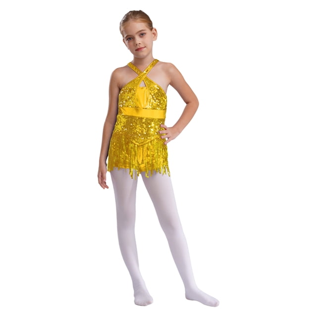 iefiel Jupe Tutu de Danse Jazz Latine à Sequins à Franges pour Filles, Tango Moderne, Doré 8