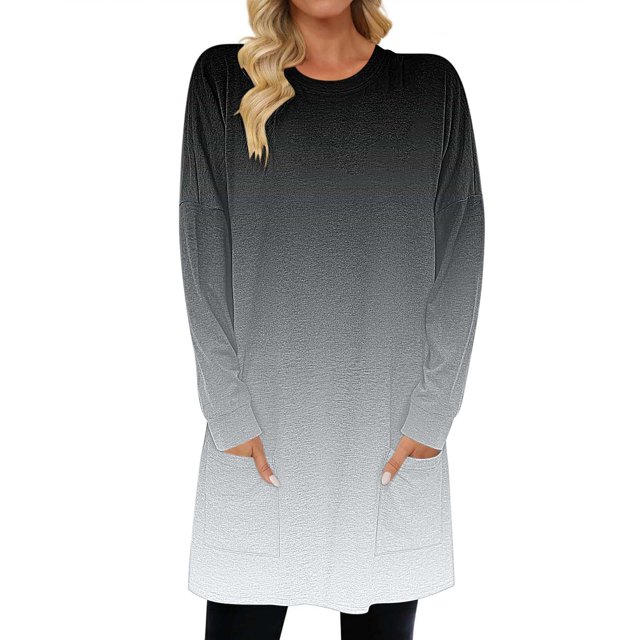 Timegard Women Long Sleeve Tops with Pockets Round Neck Casual Trendy T Shirts Gradient Color Comfy Basic Shirts