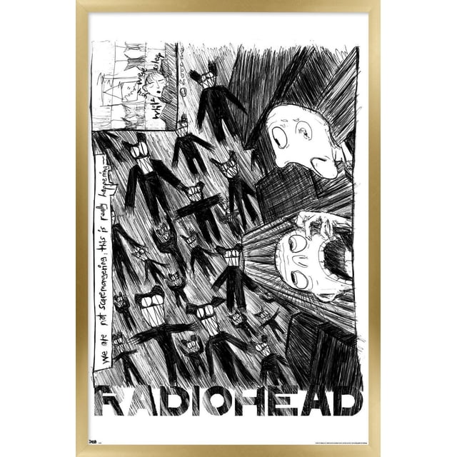 Radiohead - Affiche Murale à Gribouillis, 14,725 Po x 22,375 Po Encadrée, Représentant une Croquis Noir et Blanc de Multiples Figurines Humanoïdes Abstraites avec de Larges Sourires et des Lunettes Entourant Deux Grands Visages Usés à Droite, avec Texte Écrit à la Main « We are not safe managing. This is really happening. » et le Texte Audacieux « Radiohead » au Bas, Idéal pour Décorer des Chambres, des Bureaux Ou des Dortoirs