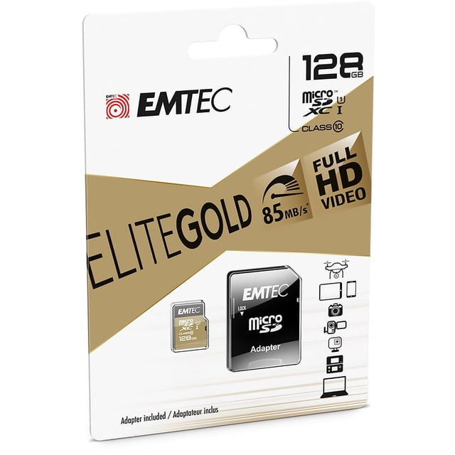 Emtec CL10 U1 128 GB MSD Gold Card + Adapter showing a gold 128GB microSDXC card and black microSD adapter on white and gold packaging, highlighting 85MB/s read speed, Class 10 rating for Full HD video, compatible with smartphones, tablets, cameras, drones, laptops, and suitable for expanding gaming console storage.