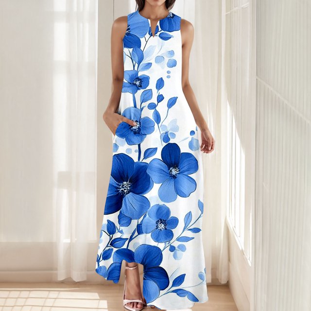 Ovzne Robes Grande Taille pour Femmes Rondes Robe d'Été Femme Mode Confortable Robe d'Été Imprimée Sans Manches Col en V Robe Maxi Grande Taille Imprimée Liquidation