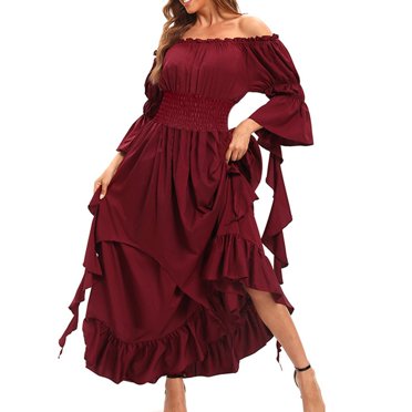 Miqool Costume d'Halloween, Robe Médiévale Gothique pour Femmes avec Sorcière et Vampire, Grande Taille, Cosplay Renaissance Vintage, Longue Robe Maxi, Épaules Dénudées, Maille Transparente, Robes Rétro, Laçage, Robe Irrégulière