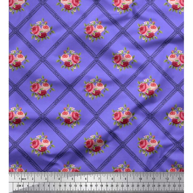 Soimoi Rayon Fabric Check,Leaves & Rose Floral Fabric Prints By Yard 56 Inch Wide