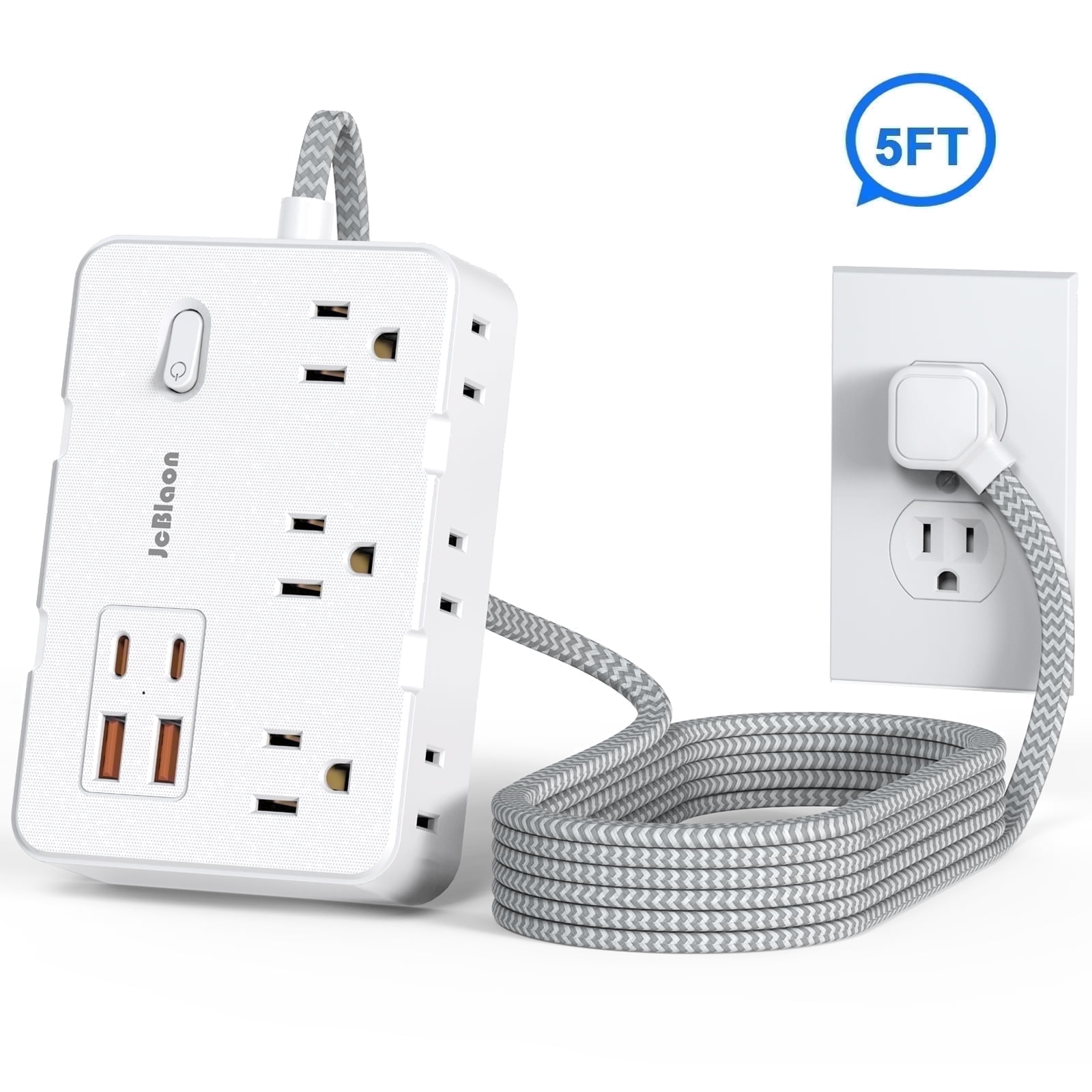 Surge Protector Power Strip 5 Ft Cord, Outlet Extender Ultra Thin Flat Extension Braided Cord with 6 Outlets 4 USB Ports(2 USB C) for Indoor