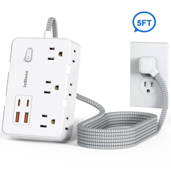 Surge Protector Power Strip 5 Ft Cord, Outlet Extender Ultra Thin Flat Extension Braided Cord with 6 Outlets 4 USB Ports(2 USB C) for Indoor