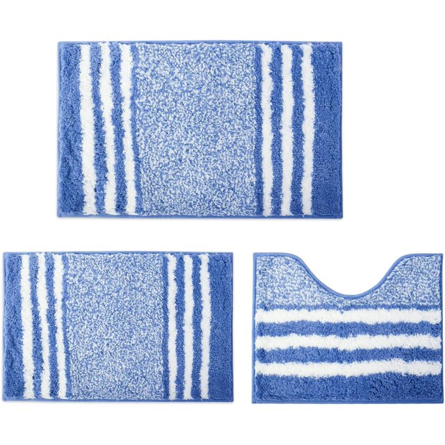 KAMA BRIDAL Microfiber Bathroom Rugs Set 3 Pieces Striped Bath Mats for Bathroom Floor Non-Slip Bath Rugs Fast Water Absorbent Shower Mat Ultra Soft Anti-Slip Backing Machine Washable