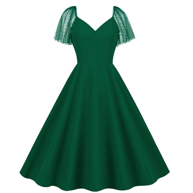 AherBiu Vintage Dresses for Women 1950s Chiffon Cap Sleeve Retro Ruched Ruffle Homecoming Midi Dress