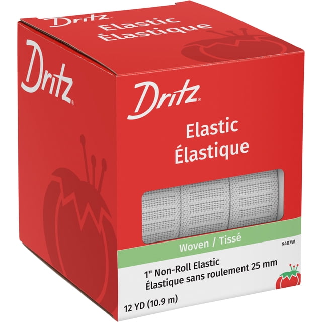 Dritz 1" Non-Roll Elastic, white, 12 yd (10.9 m) in a red box with a clear window showing woven elastic that resists rolling and twisting, suitable for waistbands, sleeves, and leg bands in light to medium-weight fabrics, machine washable and dryable up to 200°F.