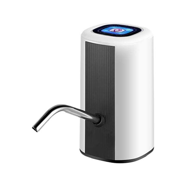 Gallon Water Bottle, Portable Kettle Pump Desktop Kettle Water Dispenser for 5 Gallon Universal Kettle. A compact, white and black automatic water dispenser with a stainless steel spout and a touch control panel on top. Made of ABS plastic with a food-grade silicone water hose, it features a USB rechargeable 1800 mAh battery for portability. Suitable for home, office, or camping use.