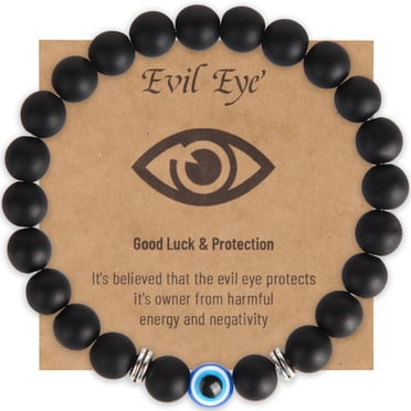 Evil Eye Guardian Bracelet: 8mm Black Frosted Stone Beads with Blue Evil Eye Charm, Elastic Design for 6.3-7.1 Inch Wrists, Lightweight 1.06oz, Stylish Protection Jewelry for Daily Wear & Gifting