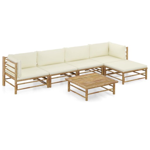 vidaXL 6 Piece Garden Lounge Set with Cream White Cushions Bamboo