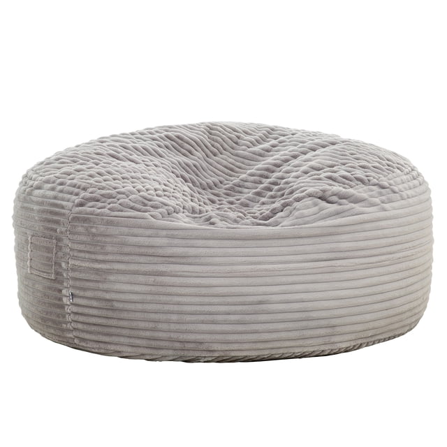 Sealy Kade 6-Foot Bean Bag Chair in grey with soft faux mink fur corduroy cover and high-density shredded foam filling, featuring a spacious, rounded design ideal for kids' seating in bedrooms or living rooms, with a removable, washable cover for easy maintenance.