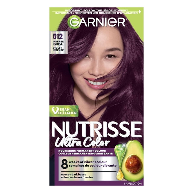 NUTRISSE COLOUR NUT UC 5.12 INT VT Garnier Nutrisse Ultra Color permanent hair dye in intense purple shade 512, enriched with nourishing avocado oil for vibrant, long-lasting colour up to 8 weeks on dark hair, vegan and easy to apply with one application.