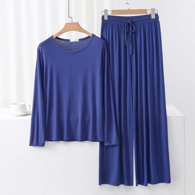 TACILIP Ensembles 2 Pcs pour Femmes Ensembles de Détente d'Été Tenues Col Rond Manches Longues Hauts Pantalons à Jambes Larges Pyjamas pour Femmes Ensemble