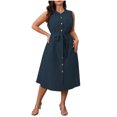 thumbnail image 2 of Ovzne Robes Grande Taille pour Femmes aux Formes Robe de Plage Robe d'Été pour Femmes Aguichant Mode Couleur Unie Bouton Lien Sans Manches Robe à Col Rond Robe de Printemps Liquidation, 2 of 7