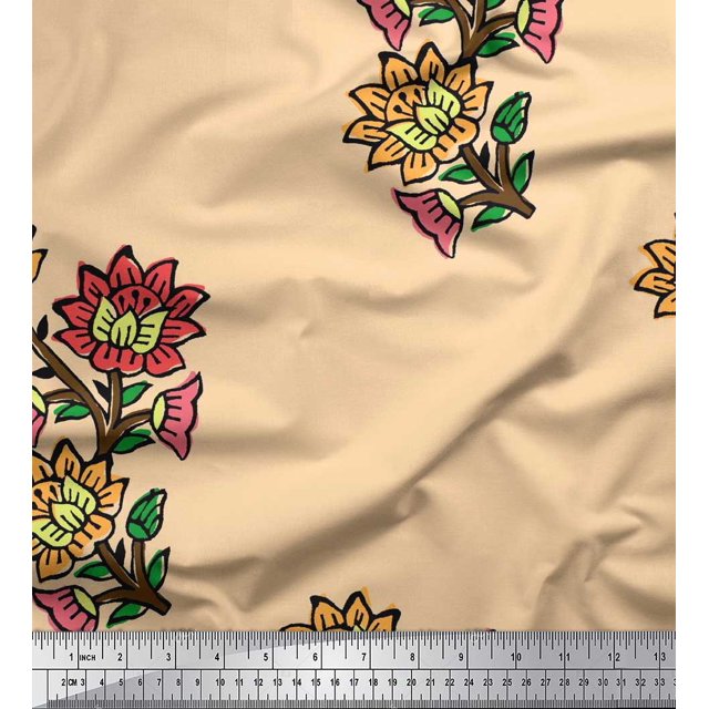 Soimoi Polyester Crepe Fabric Leaves & Floral Block Printed Fabric 1 Yard 52 Inch Wide