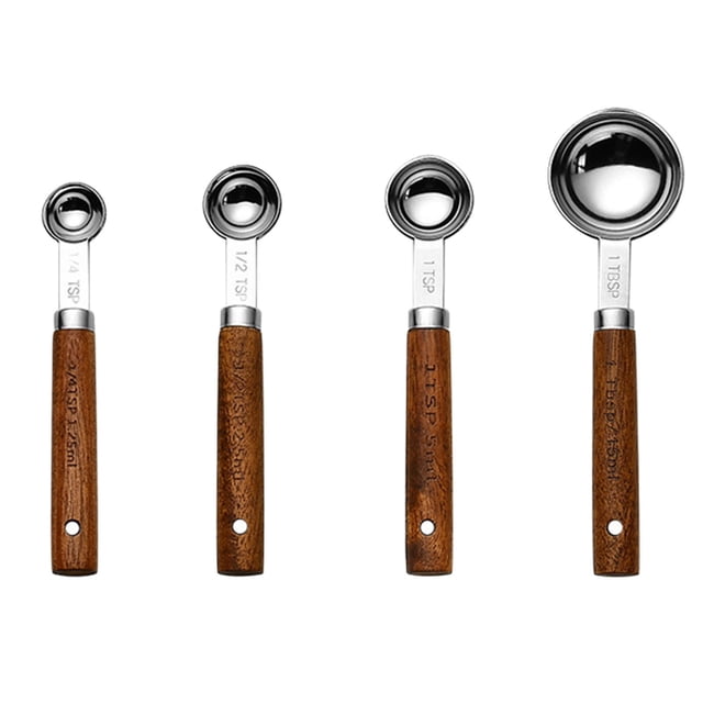 Measuring Spoons 4-Piece Set with Scale in Stainless Steel and Wood Handle for Precise Cooking and Baking Easy to Clean and Store Ideal Kitchen