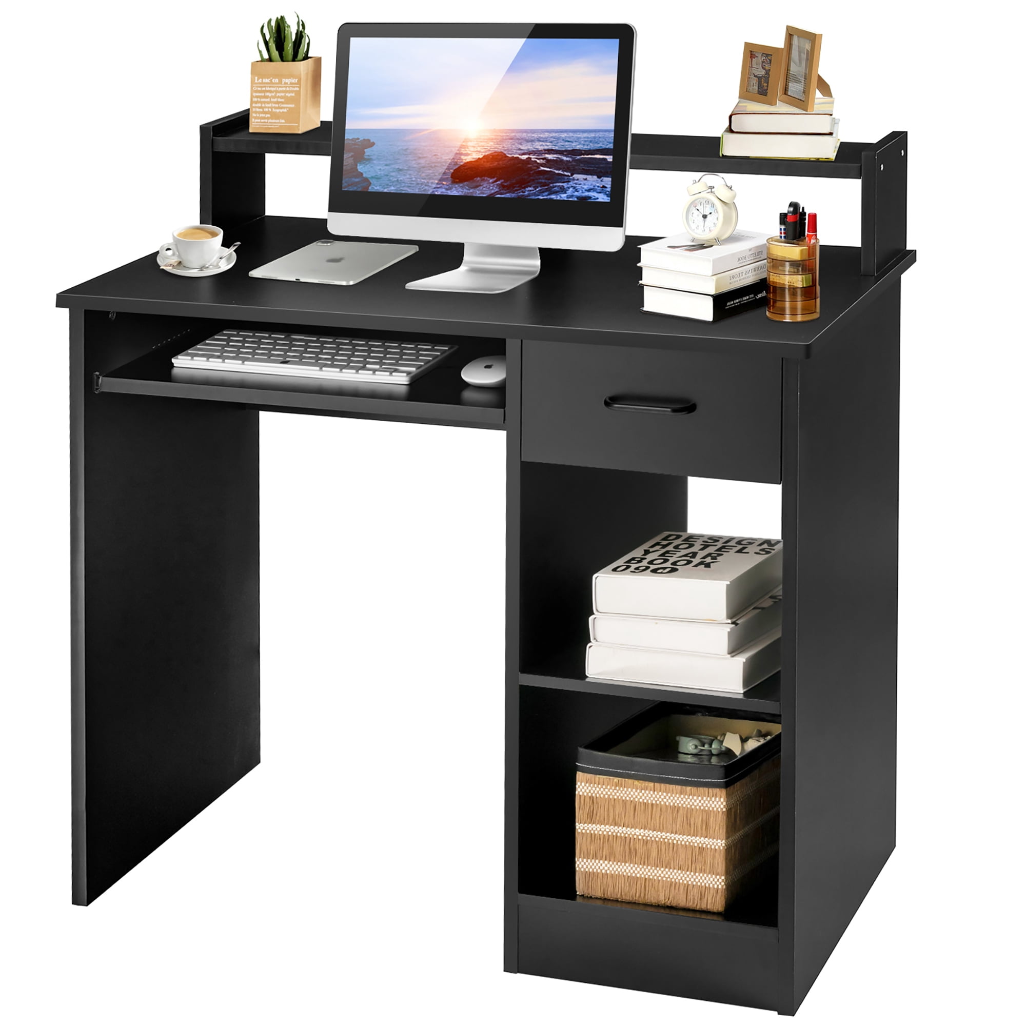 Costway Computer Desk w/Hutch & 2-Tier Open Storage Shelves for Home Office