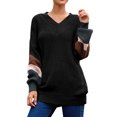 thumbnail image 1 of Women Stripe Colorblock Lantern Long Sleeve V Neck Sweater, 1 of 4