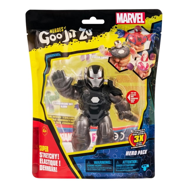 HEROES OF GOO JIT ZU MARVEL HERO PK WAR MACHINE action figure in blister pack, showing a black and silver War Machine with red eyes and bead-filled stretchy limbs, designed for kids 4+, featuring Goo Jit Zu and Marvel branding on yellow, red, and blue packaging.
