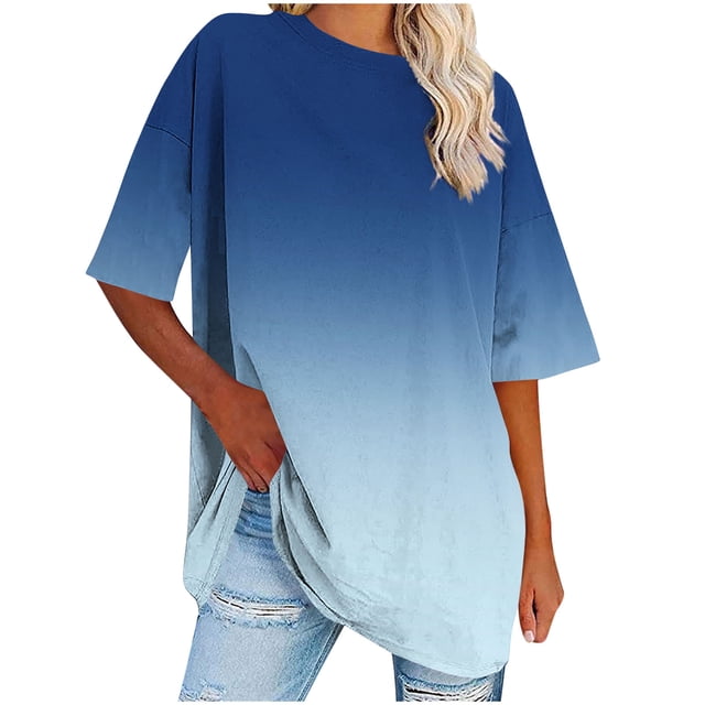 cfhntfmh Hauts Grande Taille pour Femmes Été Tunique Ample à Col Rond Blouse à Manches Courtes Basique Tendance T-Shirts Dégradés