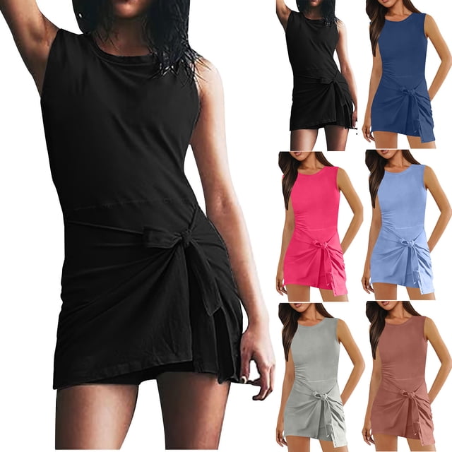 Hoy Oferta Flash! QATAINLAV Combinaison Sportive Sans Manches pour Femmes avec Short Intégré, Fermeture Éclair et Poche, Grenouillère Robe de Tennis Extensible, Mini-Robe d'Été de Golf, Gris TTG