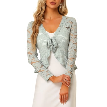 INSPIRE CHIC Women's Floral Lace Cardigans Tie Front Ruffled Hem Sheer Crop Bolero Shrug L Grey