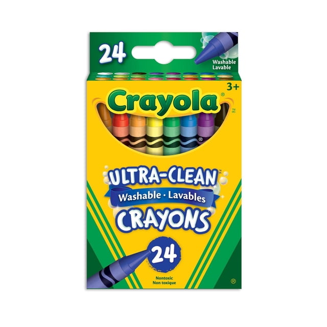 Crayola Ultra-Clean Washable Crayons, 24 Count, in a yellow and green box showing crayons in red, orange, yellow, green, blue, and purple. These non-toxic crayons have an ultra-clean washable formula ideal for kids' arts and crafts, washing easily from skin, clothing, and walls, recommended for ages 3 and up.