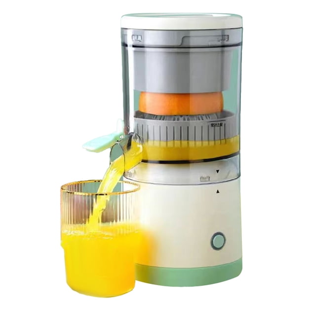 Juice Machine 360° Portable Electric Automatic Orange Juice Extractor Maker for Home Kitchen Travel Hotel. The compact juicer features a 360° electric design for efficient juicing, with a transparent upper chamber showing an orange being juiced. A spout pours fresh juice into a clear glass below. Suitable for oranges, lemons, grapefruits, and more, this ABS material juicer is lightweight and portable, ideal for home, office, travel, or hotel use.