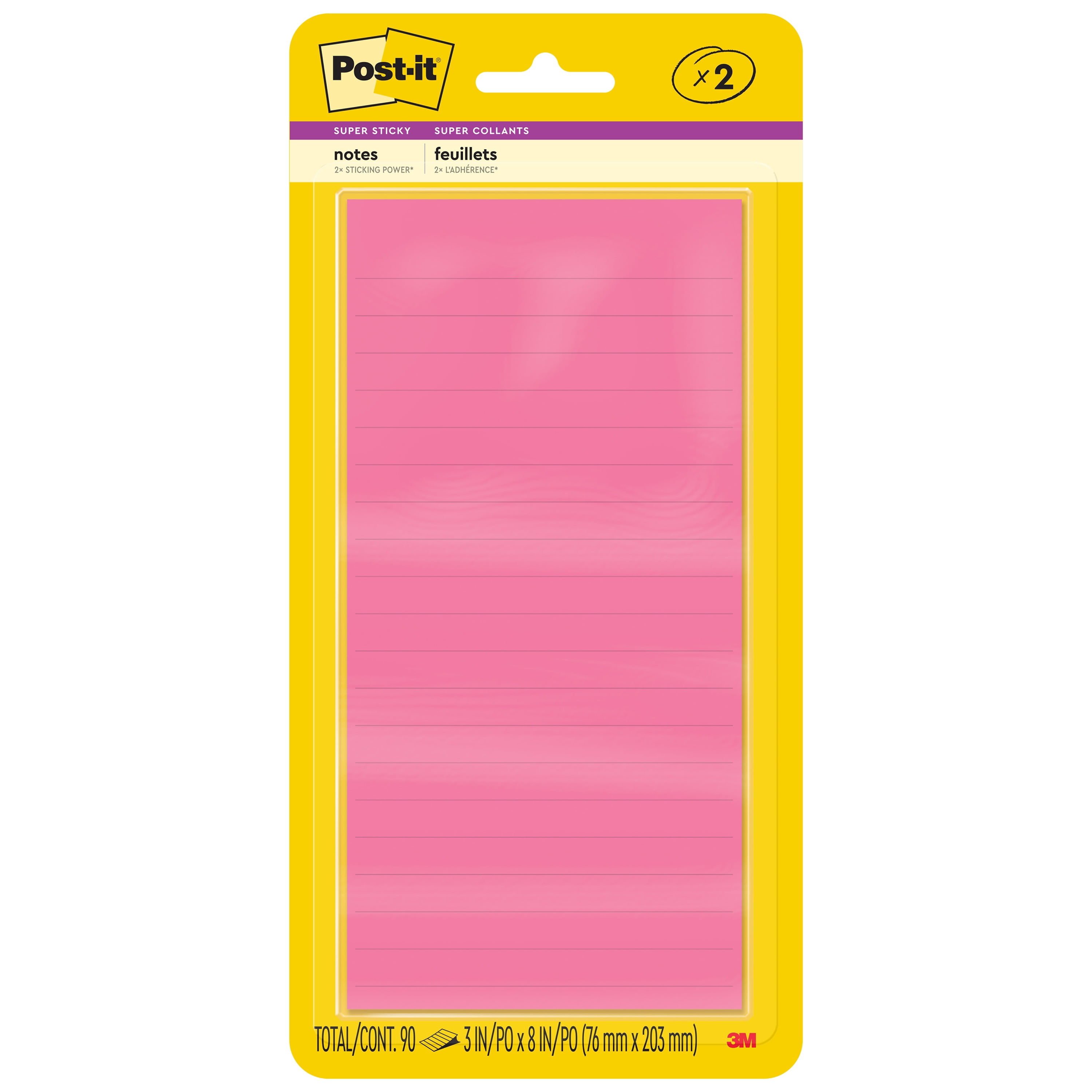 Feuillets super collants Post-it® 3845-2SS, collection Coup de pouce, lignés, 76 mm x 203 mm (3 po x 8 po), 2 blocs/paquet, 45 feuillets/bloc