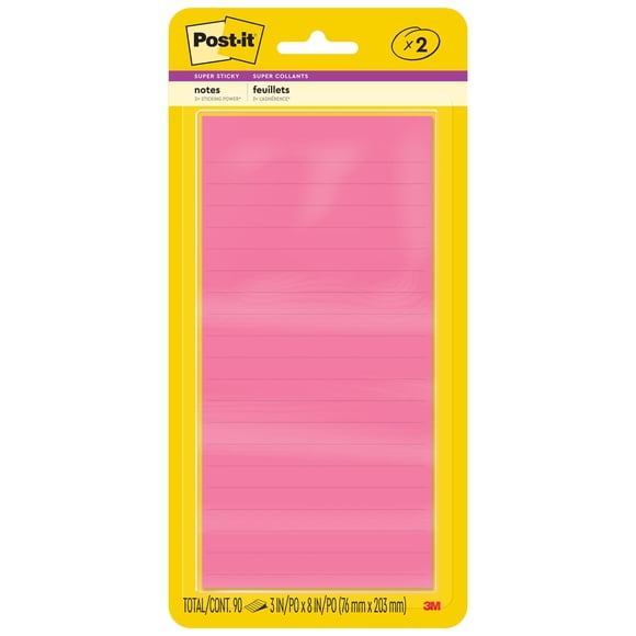 Feuillets super collants Post-it® 3845-2SS, collection Coup de pouce, lignés, 76 mm x 203 mm (3 po x 8 po), 2 blocs/paquet, 45 feuillets/bloc
