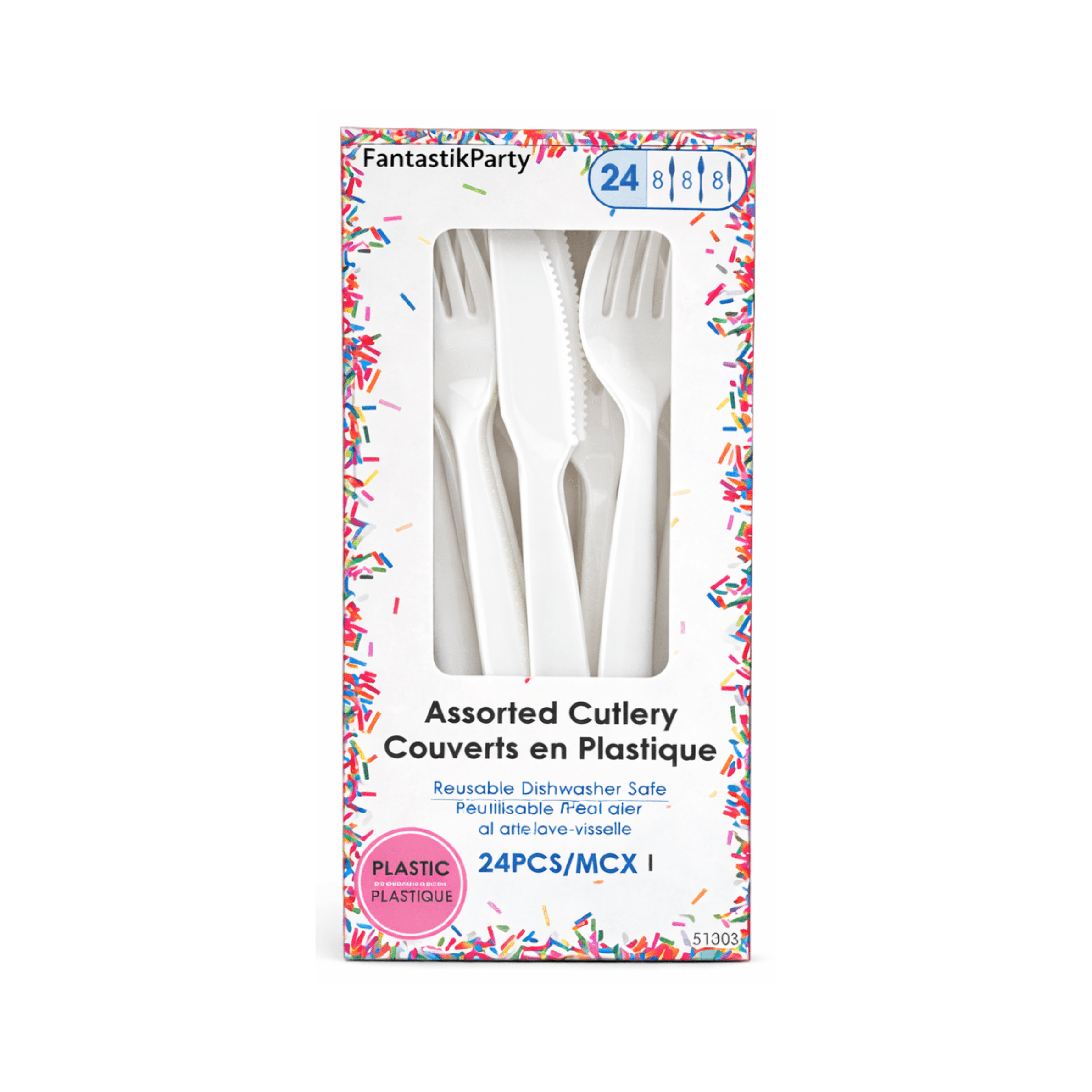 Fantastik Party Ensemble de couverts en plastique blancs, 24 pièces