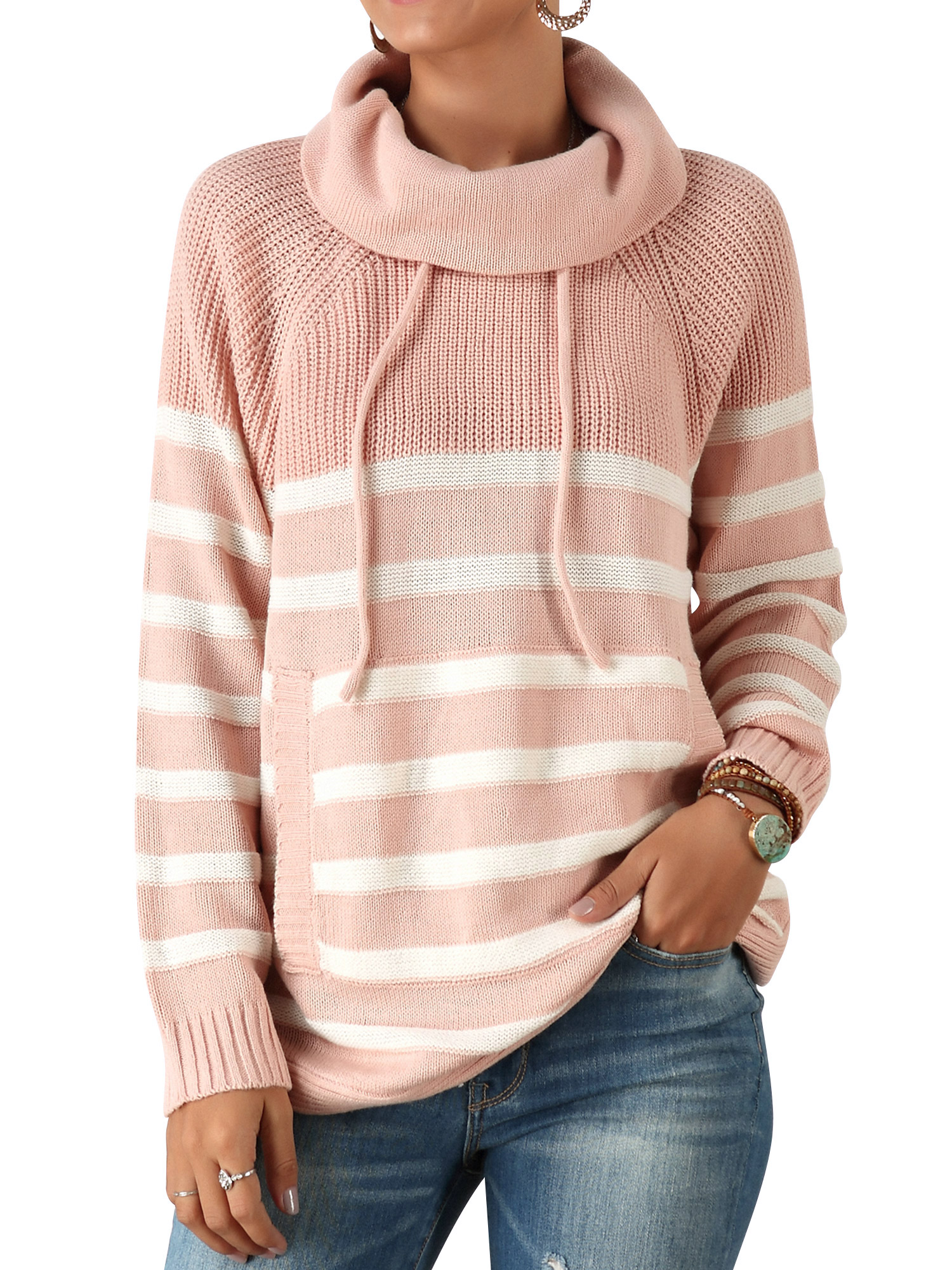 Women Stripe Turtle Neck Pocket Front Long Sleeve Knitted Sweater