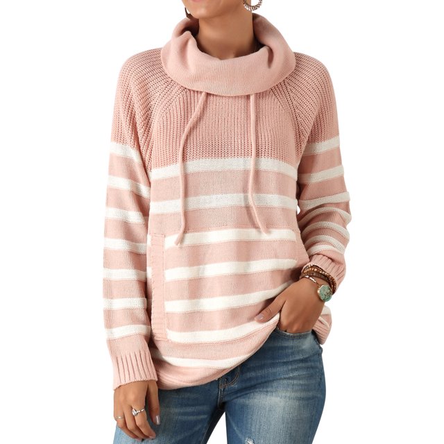 Women Stripe Turtle Neck Pocket Front Long Sleeve Knitted Sweater
