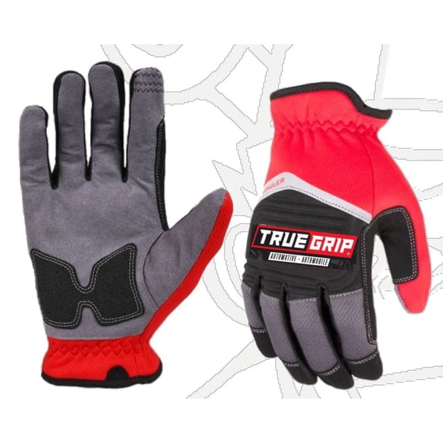True Grip - Tool Handler Pro - Medium work gloves with padded synthetic leather palms, neoprene knuckle impact protection, reinforced fingertips and thumb saddle, and touchscreen compatibility in red, black, and grey, suitable for automotive and mechanical tasks.