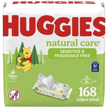 Lingettes pour bébés Huggies Natural Care pour peau sensible, NON PARFUMÉES, 3 emballages à couvercle rabattable, total de 168 lingettes