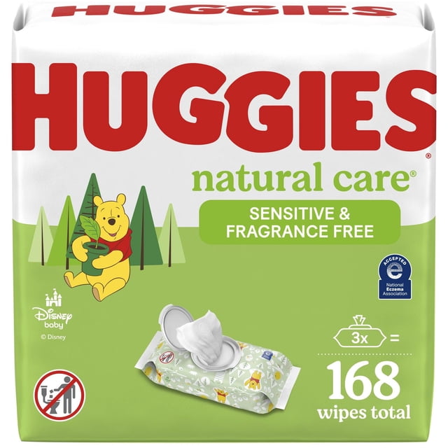 Baby Wipes, Huggies Natural Care Sensitive, UNSCENTED, 3 Flip Top Packs, 168 Wipes centered front-facing view of three stacked flip-top packs with Huggies branding and 'Natural Care Sensitive' text; packaging shows 'unscented' and '56 wipes' per pack, light green and white color scheme, flip-top lids visible on plain white background.