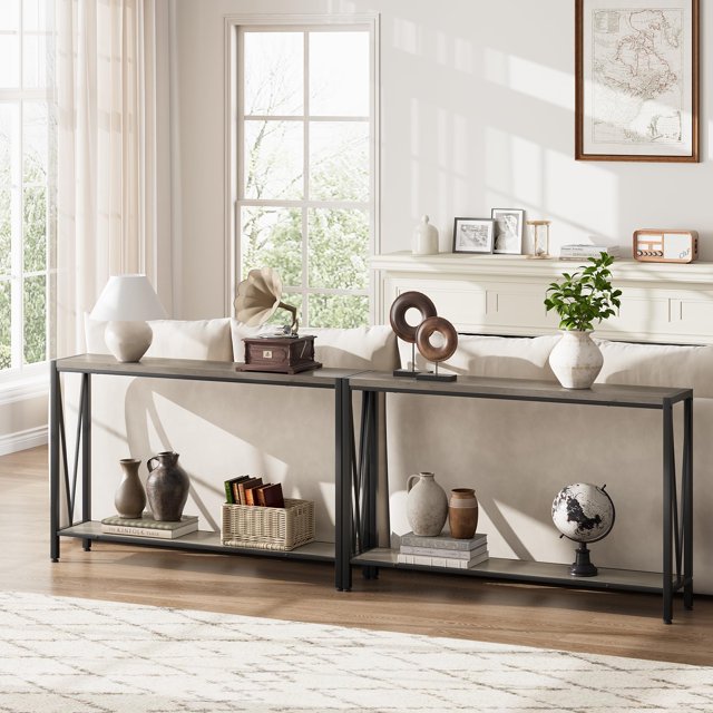 BeesClover Table d'Appoint Table d'Entrée Console à 2 Niveaux avec Rangement Table Étroite pour Sofa avec Design en V Console Industrielle de 43 Pouces pour Couloir Entrée Salon Vestibule Corridor Bureau
