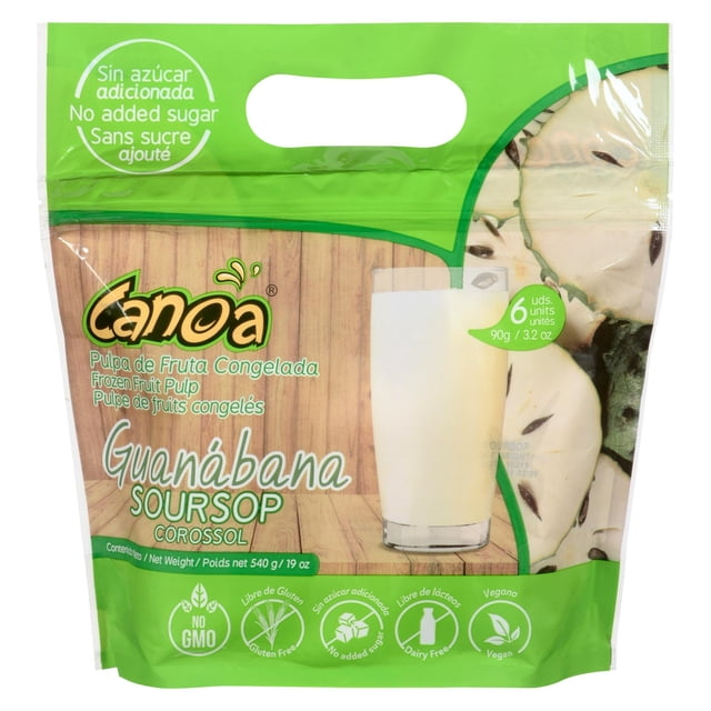 Canoa frozen soursop pulp package with green and wood-textured design, containing 6 units of 90g (3.2 oz) each, labeled no added sugar, gluten free, dairy free, non-GMO, and vegan, featuring soursop fruit slices and a glass of soursop juice, suitable for smoothies, desserts, and cocktails.