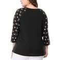 thumbnail image 3 of GRACE & GRANDEUR Chemises Blouse pour Femmes Grande Taille Col en V Manches 3/4 Raglan à Fleurs Décontracté Printemps Automne Hauts 5X Noir, 3 of 7