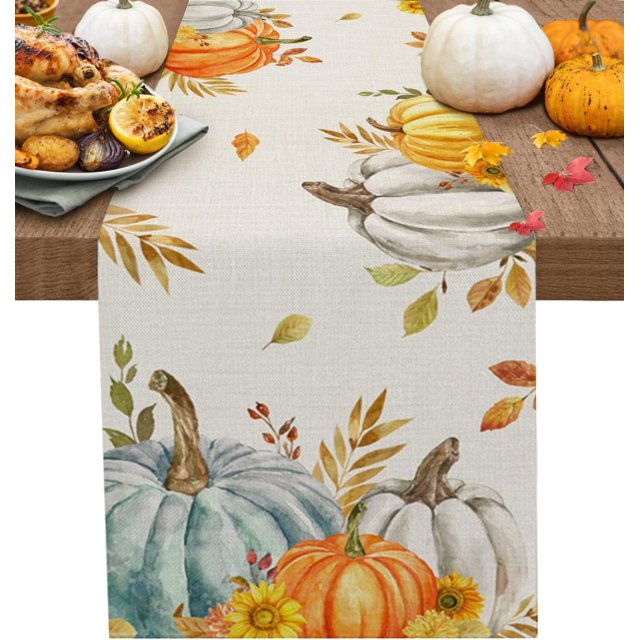 Thanksgiving Table Runner 72inches Long, Washable Fall Table Runner Cloth for Kitchen Dining, Wedding, Party, Coffee, Outdoor Use, Pumpkins Autumn Leaf Tabletop Decoration Harvest