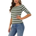 thumbnail image 4 of INSPIRE CHIC T-Shirts à Rayures pour Femmes de Rentrée Scolaire Coupe Ajustée Manches au Coude Col Bateau T-Shirt TG Vert Armée Gris, 4 of 7