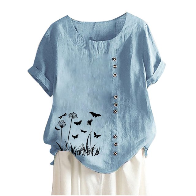 Pisexur Hauts d'Été pour Femmes T-Shirts Graphiques à Fleurs en Coton Blouse Ample à Imprimé Floral Col Rond Blouse Surdimensionnée Chemises Décontractées à Manches Courtes