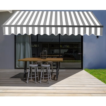 ALEKO Auvent de Terrasse Résidentiel Rétractable à Cadre Noir Motorisé 10 X 8 Pi, Couleur Rayée Grise et Blanche