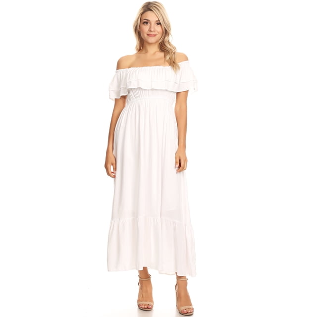 Women's Boho Peasant Dress Off Shoulder Short Sleeve Ruffle Maxi Dresses