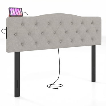 Gymax Tête de Lit pour Lit Grand et Double, Tête de Lit Capitonnée Rembourrée avec 2 Prises CA, Gris