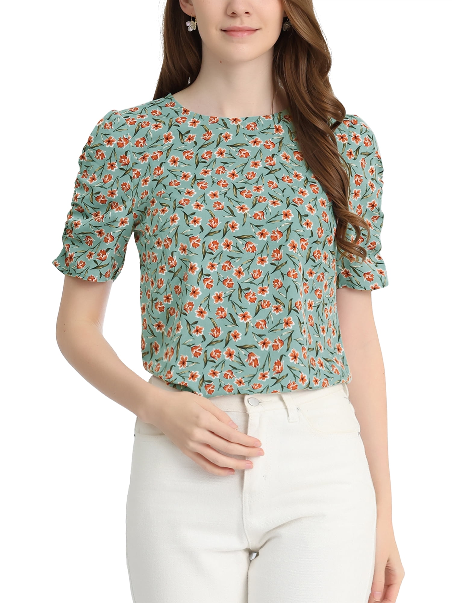 INSPIRE CHIC Women's Shirred Tops Crew Neck Short Sleeve Keyhole Back Floral Blouse S Teal