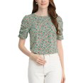 thumbnail image 1 of INSPIRE CHIC Hauts Froncés pour Femmes Col Ras du Cou Manches Courtes Dos Goutte d'Eau Blouse Florale S Sarcelle, 1 of 7