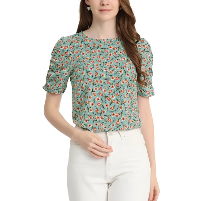 INSPIRE CHIC Hauts Froncés pour Femmes Col Ras du Cou Manches Courtes Dos Goutte d'Eau Blouse Florale S Sarcelle