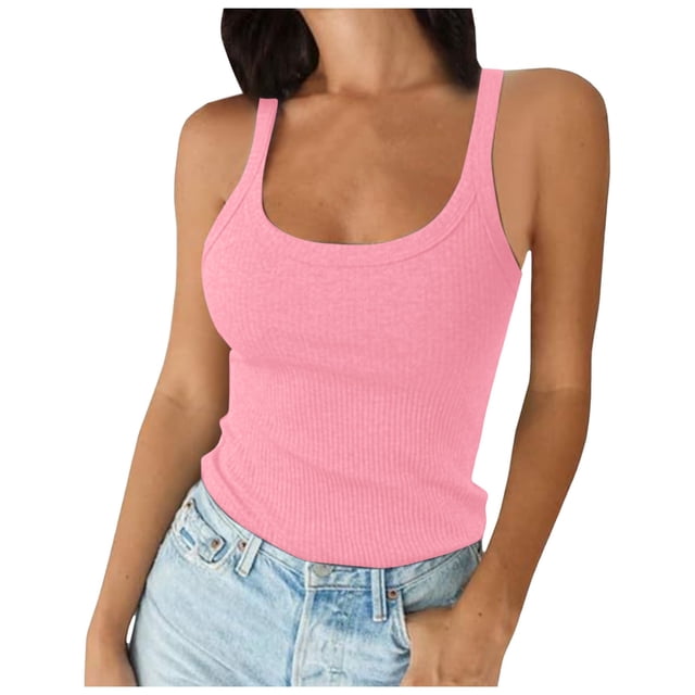 Women Spaghetti Strap Scoop Neck Ribbed Tank Tops Slim Fitted Cotton Camisole Basic Sleeveless Layering Shirts